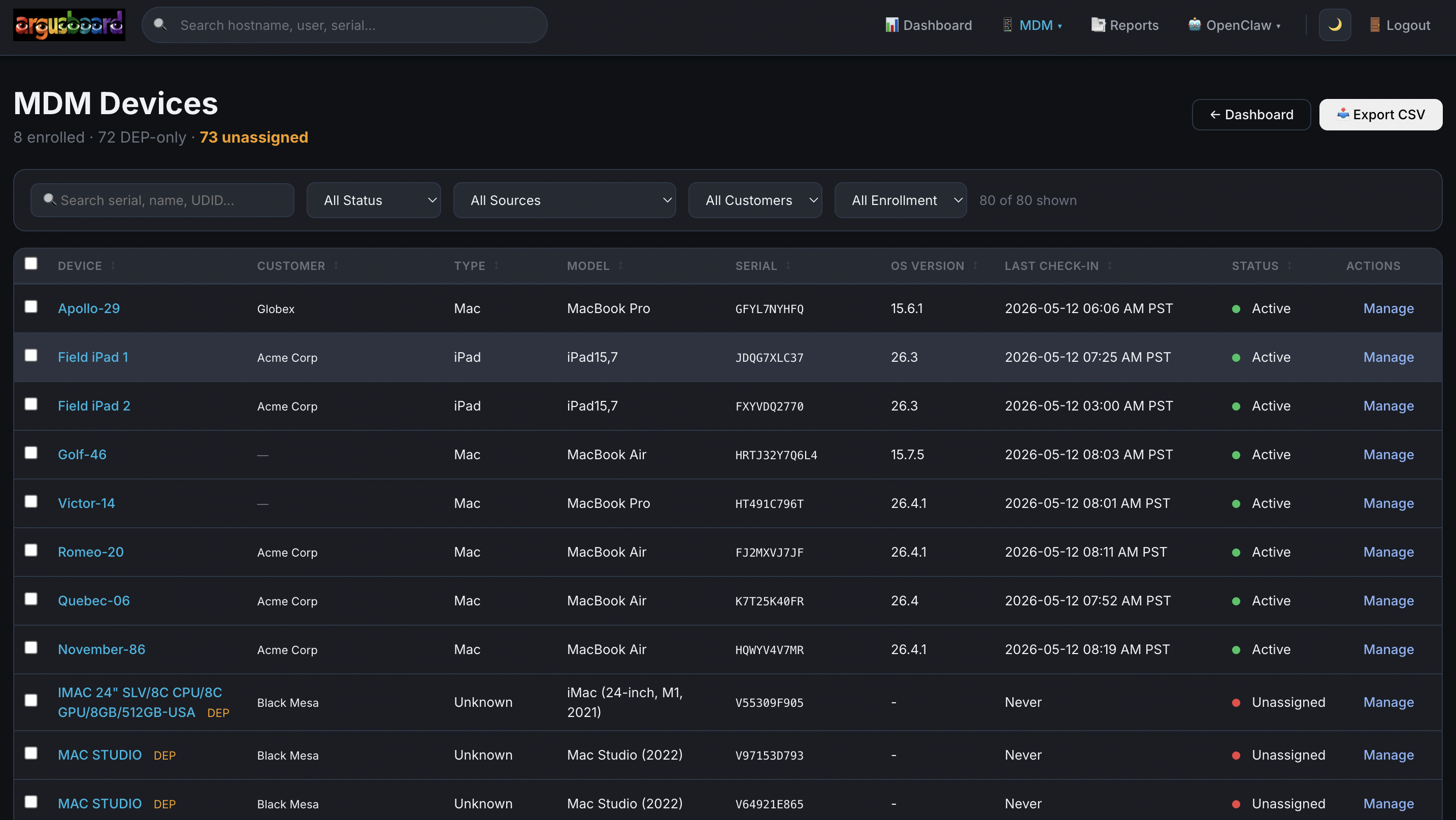 ArgusBoard MDM device management console showing enrolled Apple devices